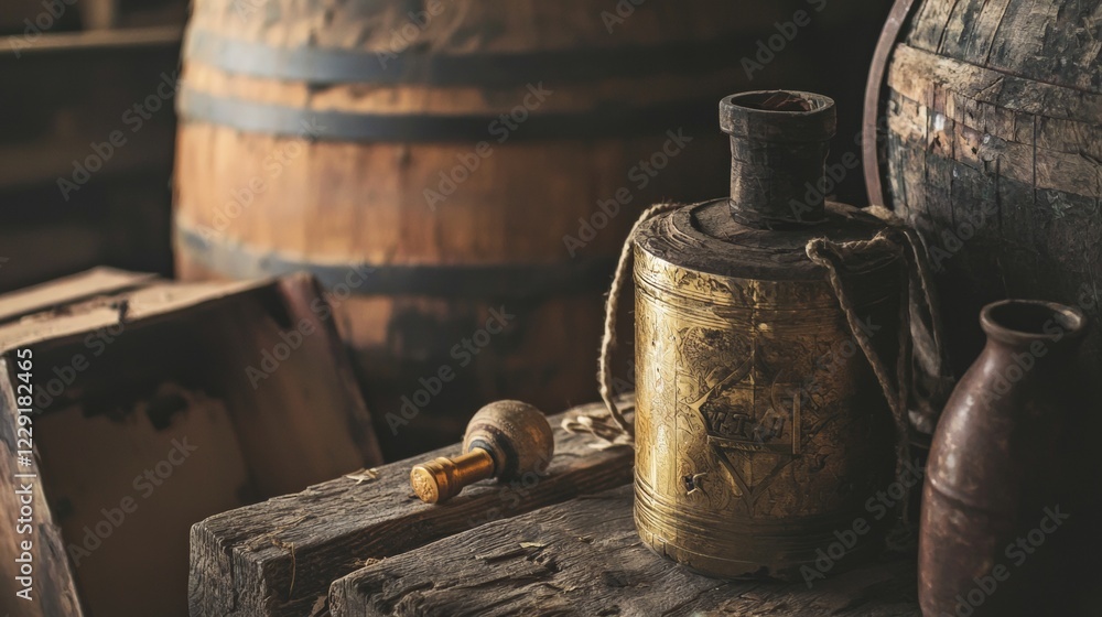 Antique vases and wooden barrels in a rustic setting Antique vases and wooden barrels in a rustic setting
