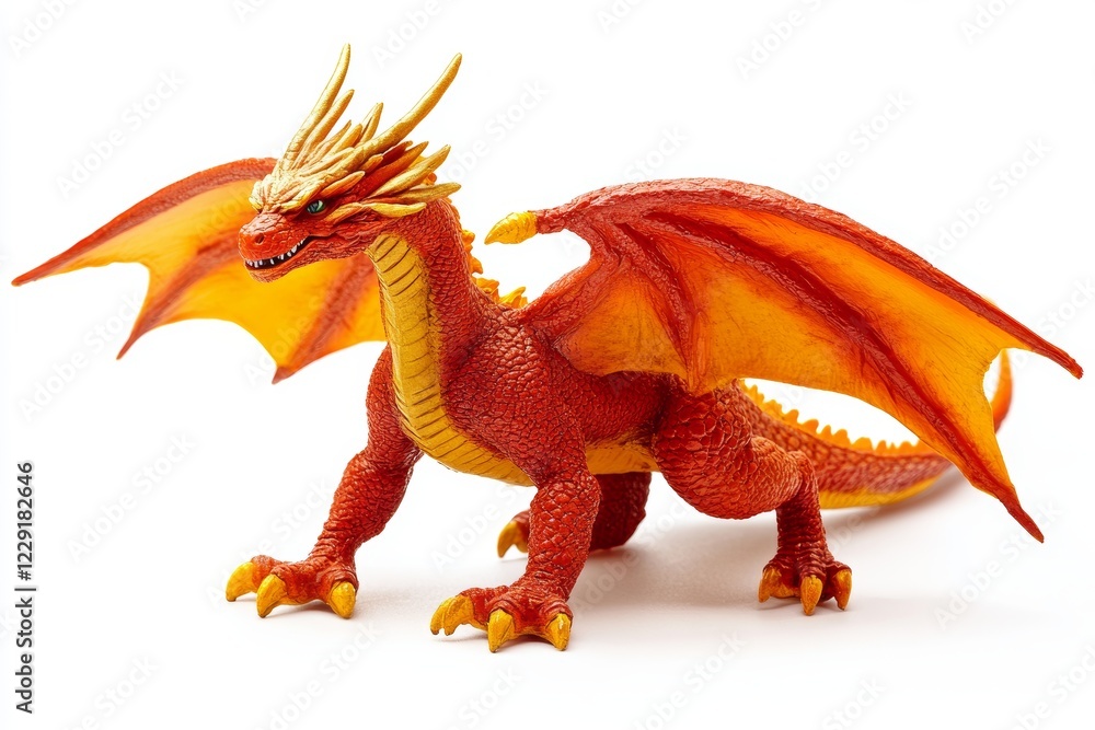 Fototapeta premium A large orange dragon with yellow wings is standing on a white background