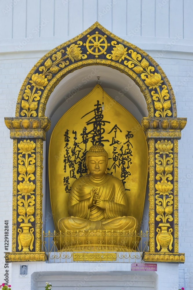 Fototapeta premium Golden Buddha statue, World Peace pagoda, Pokhara valley, Nepal, Asia