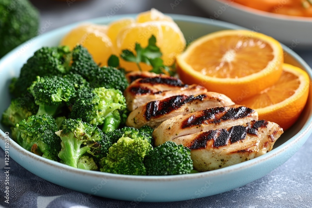 A nutritious meal in a bowl featuring grilled chicken, steamed broccoli, and sliced oranges A nutritious meal in a bowl featuring grilled chicken, steamed broccoli, and sliced oranges