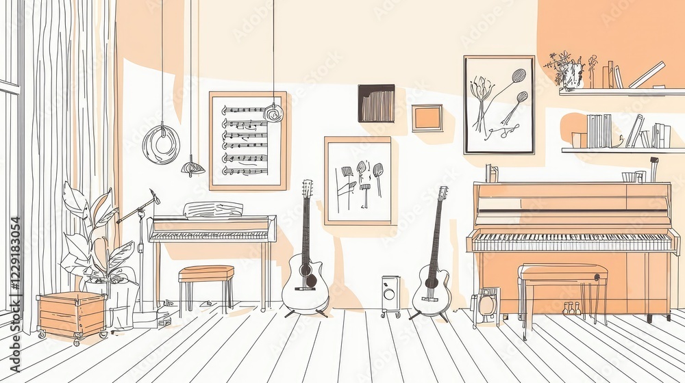 Fototapeta premium Cozy Music Room with Guitars, Piano, and Musical Decor Elements