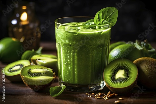 Vibrant green smoothie clear glass fresh spinach kiwi avocado slices, AI generated photo