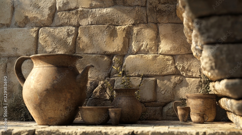 Clay pots on a rustic stone surface Clay pots on a rustic stone surface