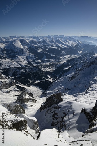 View from Santis onto Wildhaus, the Churfirsten peaks on the horizon, Canton of Appenzell-Ausserrhoden, Switzerland, Europe photo