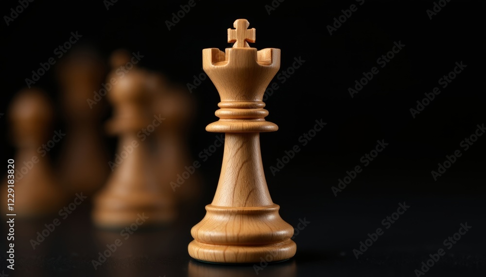 The chess king piece stands tall amidst a dark backdrop and blurry figures The chess king piece stands tall amidst a dark backdrop and blurry figures