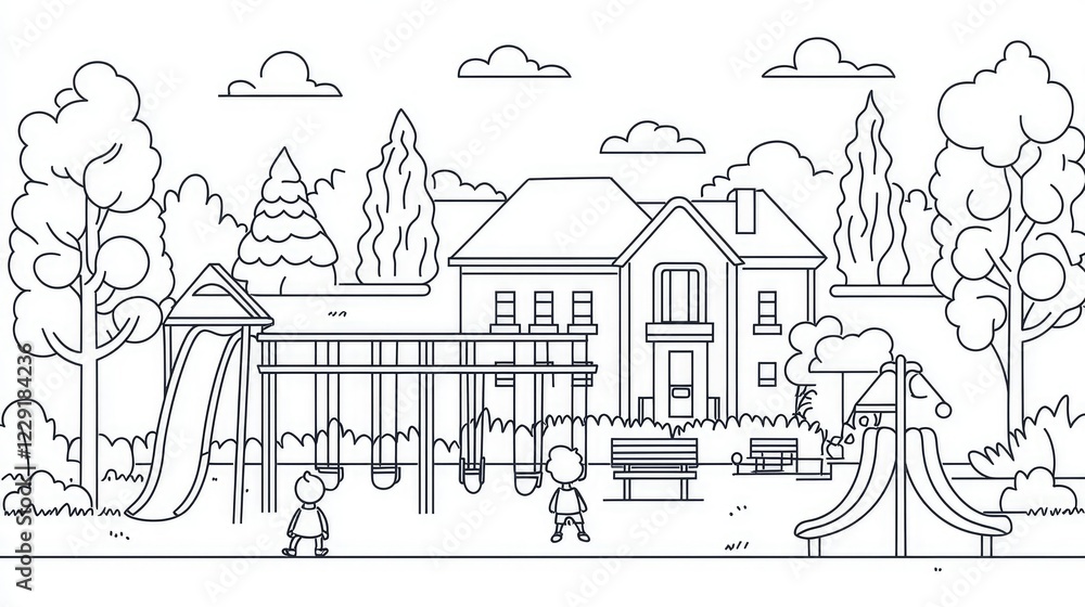 Black and White Outline Playground Scene with Children and Trees Black and White Outline Playground Scene with Children and Trees