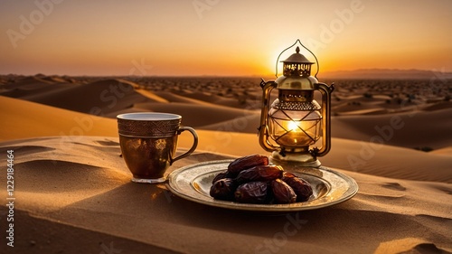 Ramadan Sunset in the Desert with Lanterns, Iftar and Golden Dunes.