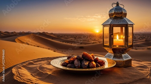 Ramadan Sunset in the Desert with Lanterns, Iftar and Golden Dunes.