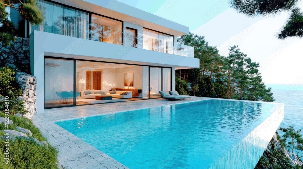 Fototapeta premium Modern cliffside villa with infinity pool.