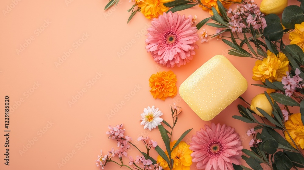 Flowers and soap on a pastel-colored surface Flowers and soap on a pastel-colored surface