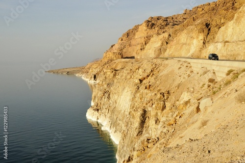 Endangered shores of the Dead Sea near El Mazraa, water recession one meter per year, Jordan, Middle East, Orient, Asia photo