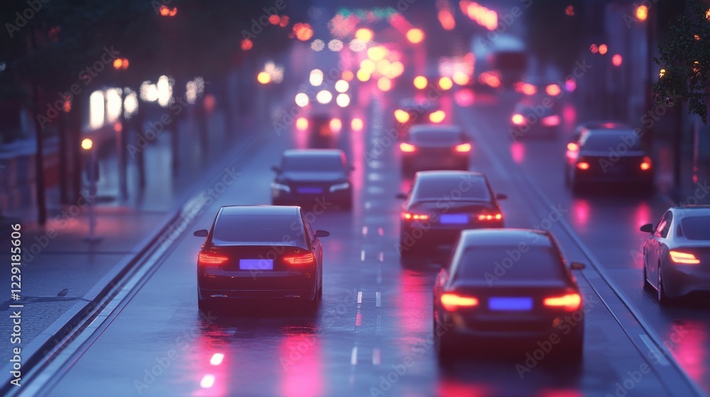 Vehicles with infrared sensor device. Unmanned smart cars in city traffic illustration. Sensor car autonomous drive on road city Vehicles with infrared sensor device. Unmanned smart cars in city traffic illustration. Sensor car autonomous drive on road city
