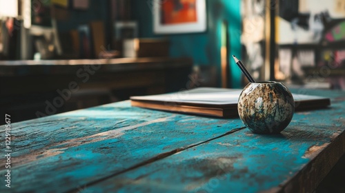 Rustic wooden table with an apple and notebooks photo