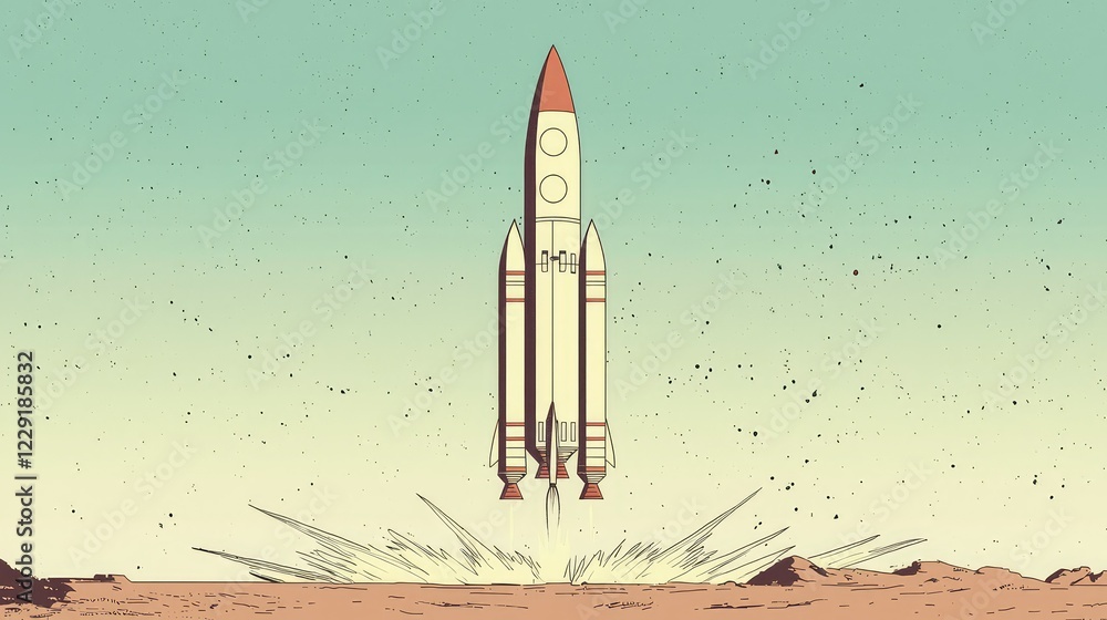 Retro Cartoon Rocket Launching from a Desert Landscape Retro Cartoon Rocket Launching from a Desert Landscape