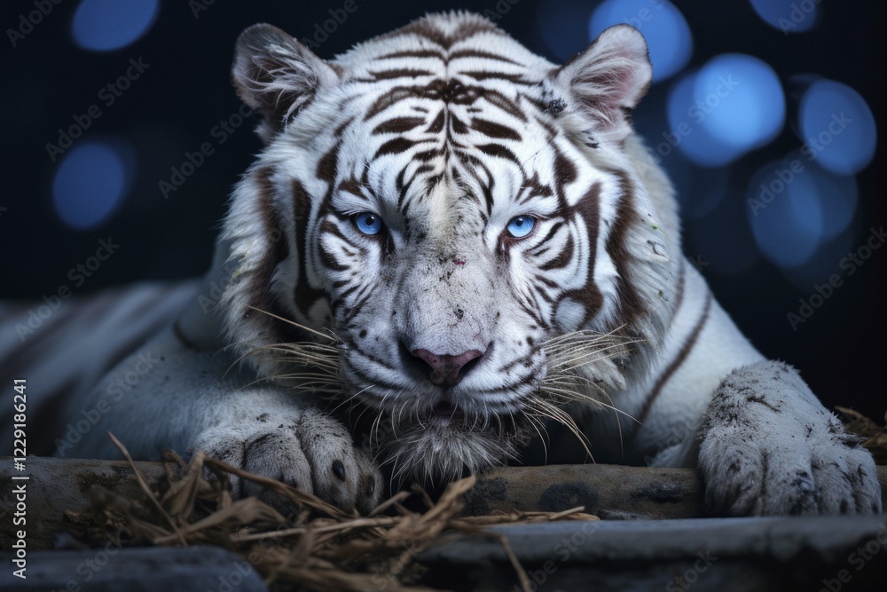 Portrait, white tiger on a branch, AI generated Portrait, white tiger on a branch, AI generated
