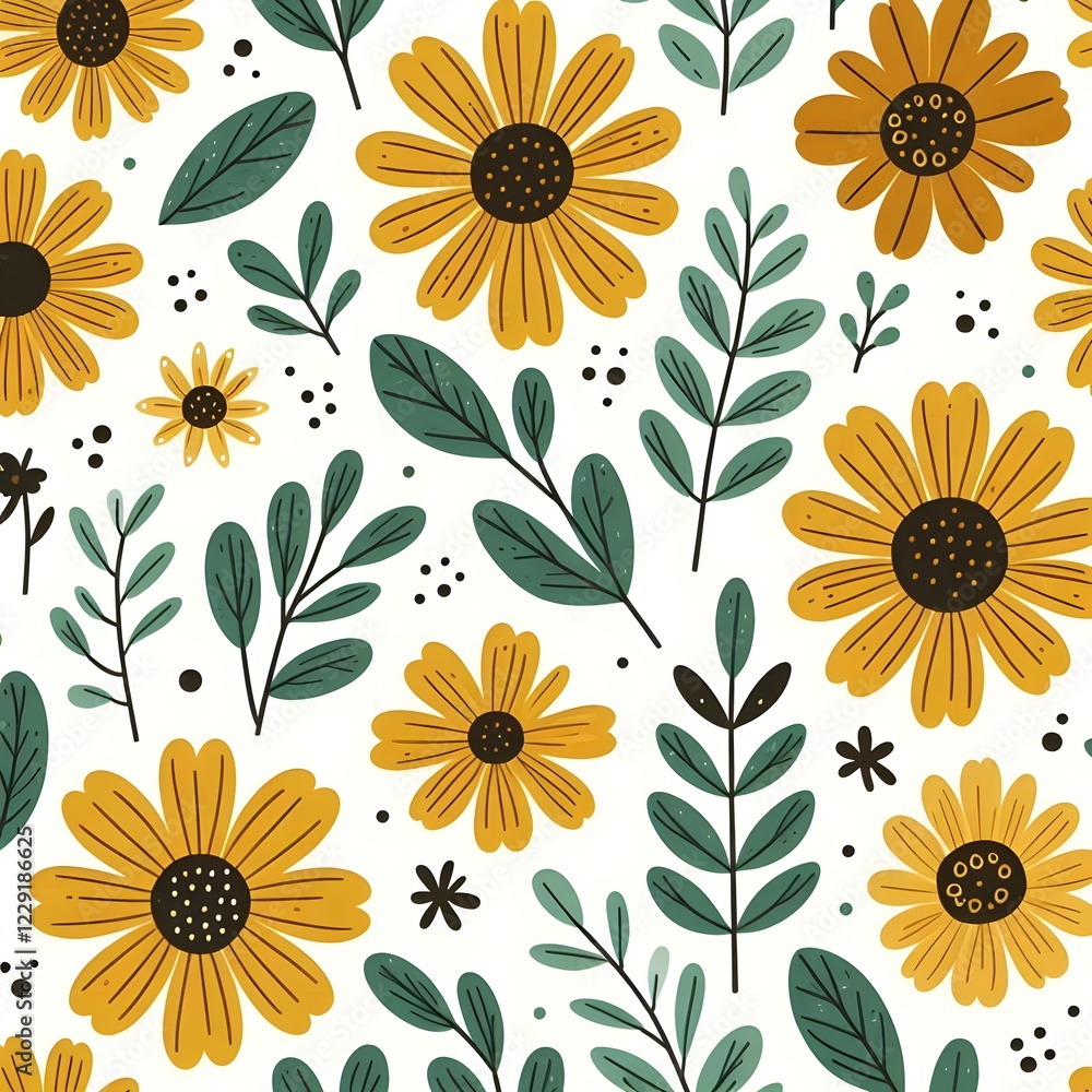Bright floral pattern featuring sunflowers and green leaves on a white background for cheerful decor Bright floral pattern featuring sunflowers and green leaves on a white background for cheerful decor