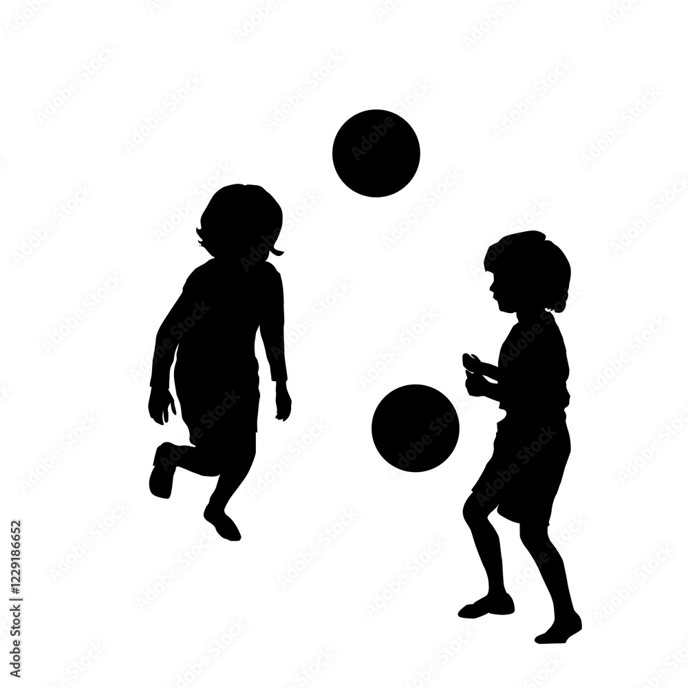Fototapeta premium Vector silhouette of children playing soccer, isolated, grouped objects over white background
