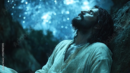 In the Garden of Gethsemane, Jesus is immersed in prayer beneath a vast, starry sky, softly illuminated in contemplation