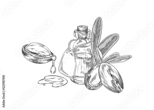 Argan tree open nut with oil drop, leaves and bottle of oil engraved vector sketch, natural essential dripping oil fruit