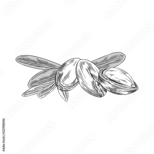 Argan leaves and nuts engraved sketch vector illustration, hand drawn medical plant, natural essential oil stone fruits