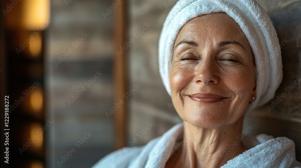 Woman with a towel on her head relaxing at home in a cozy environment Woman with a towel on her head relaxing at home in a cozy environment