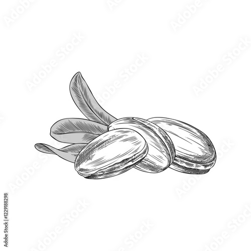 Vector illustration of argan fruit with leaves in black and white sketch.