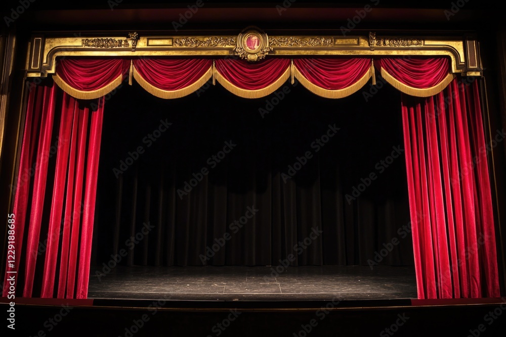 Fototapeta premium A stage with a red curtain and a clock, great for performances or events