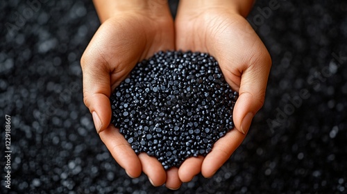 Hands gently cradling black biodegradable plastic pellets, highlighting eco-friendly innovation and sustainable alternatives to traditional plastics. photo