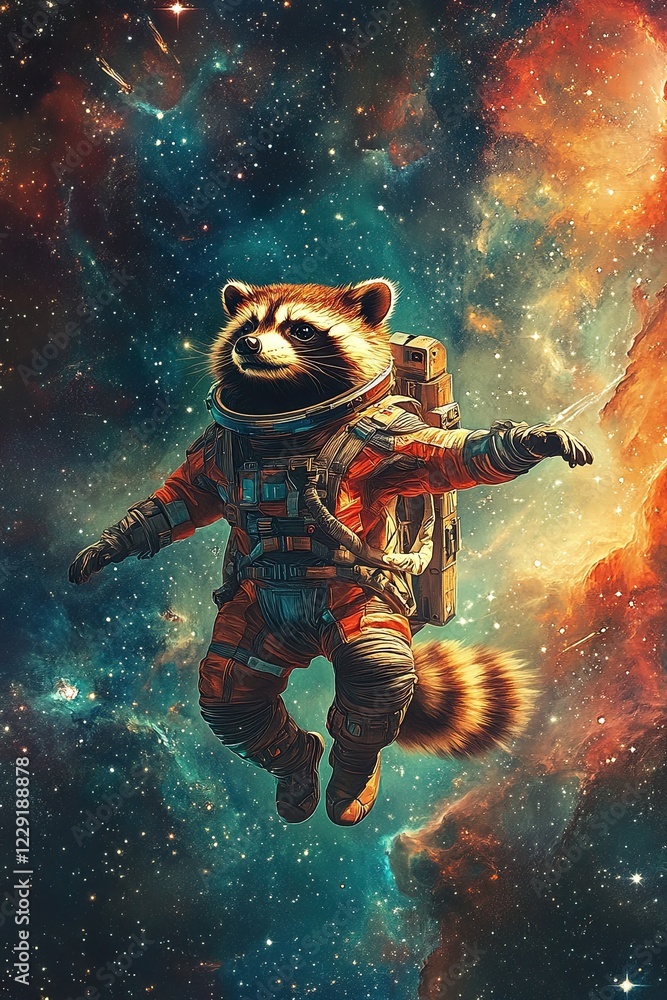 Fototapeta premium a raccoon in a protective spacesuit flies in space. against the backdrop of the international space station. looks through the spacesuit. many stars