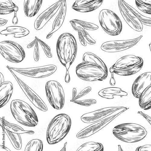 Vector seamless illustration with monochrome sketch of argan fruits, leaves and oil.