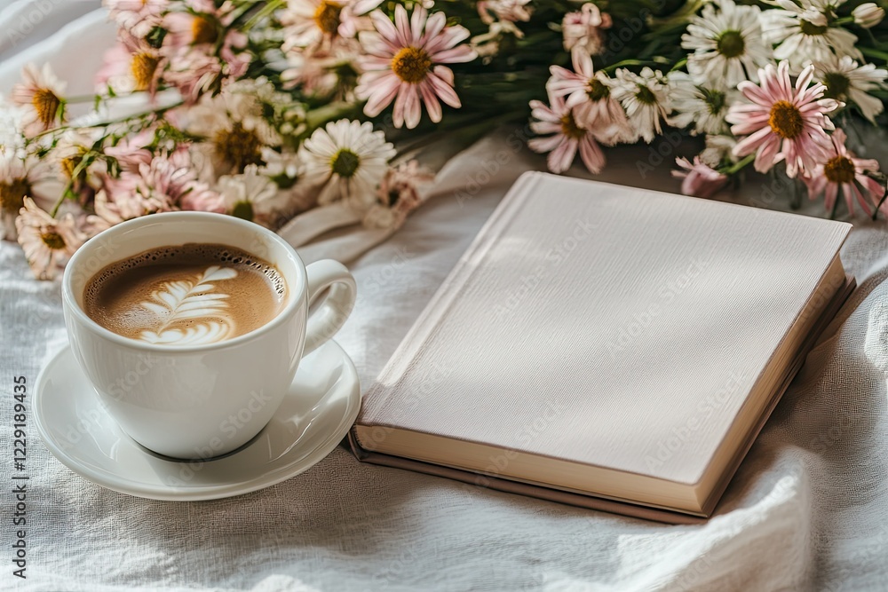 Premium Quality Picture of Book Mockup with Coffee Cup and Flowers Premium Quality Picture of Book Mockup with Coffee Cup and Flowers
