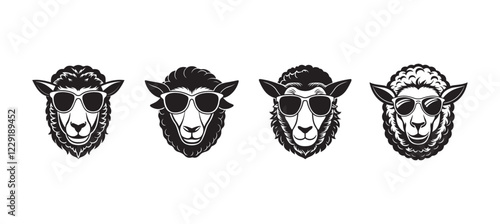 set of sheep head wearing  sunglasses silhouette, black and white silhouette, vector and illustration