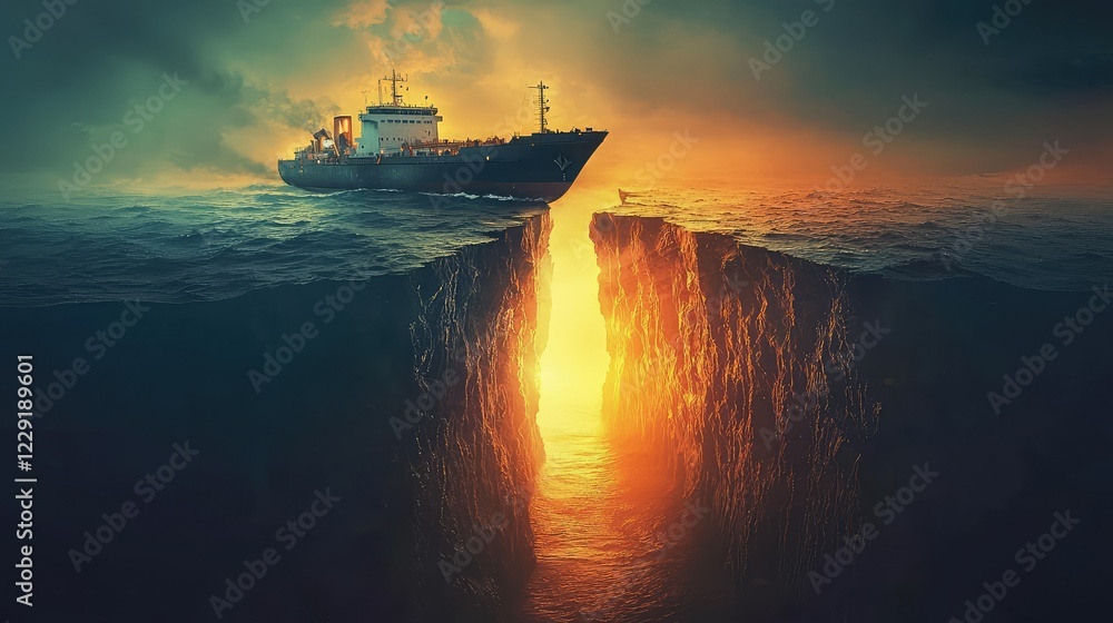 Fototapeta premium Ship on Ocean Above a Glowing Chasm with Dramatic Sunset Sky