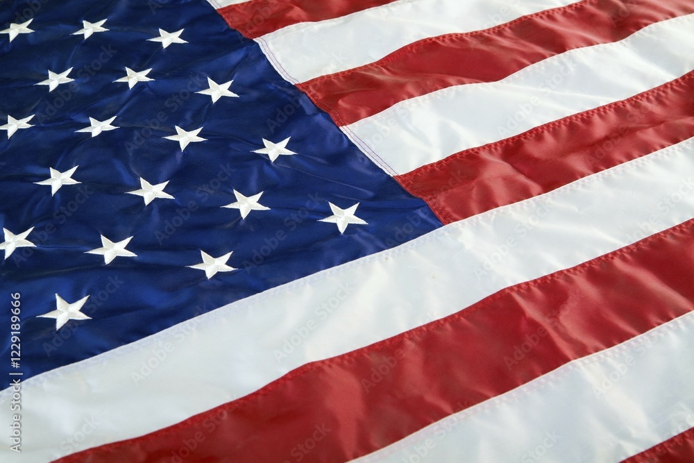 Fototapeta premium Crumpled, vintage American flag. Real photo. Closeup