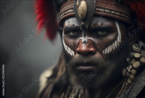 Portrait Papuan man with white face painting, traditional red headdress, body jewellery, beard, indigenous people, Tribe, Wigmen, Asmat, AI generated photo