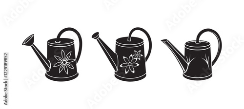 set of garden watering can silhouette, black and white silhouette, vector and illustration