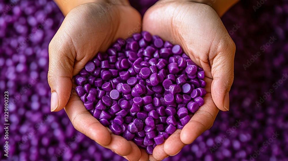 Close-up of purple biodegradable plastic pellets in hands, representing environmentally responsible materials for sustainable living and eco-conscious choices. Close-up of purple biodegradable plastic pellets in hands, representing environmentally responsible materials for sustainable living and eco-conscious choices.