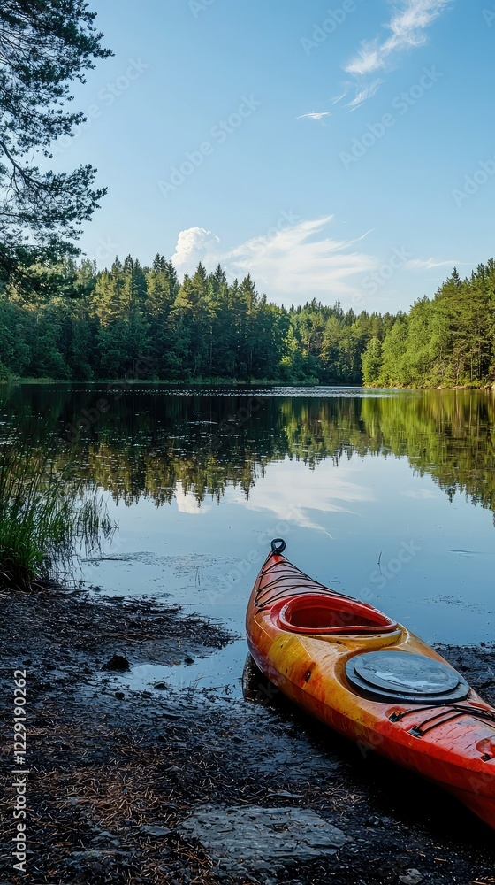 Fototapeta premium Serene Lake Scene with Single Orange Kayak at Tranquil Shoreline
