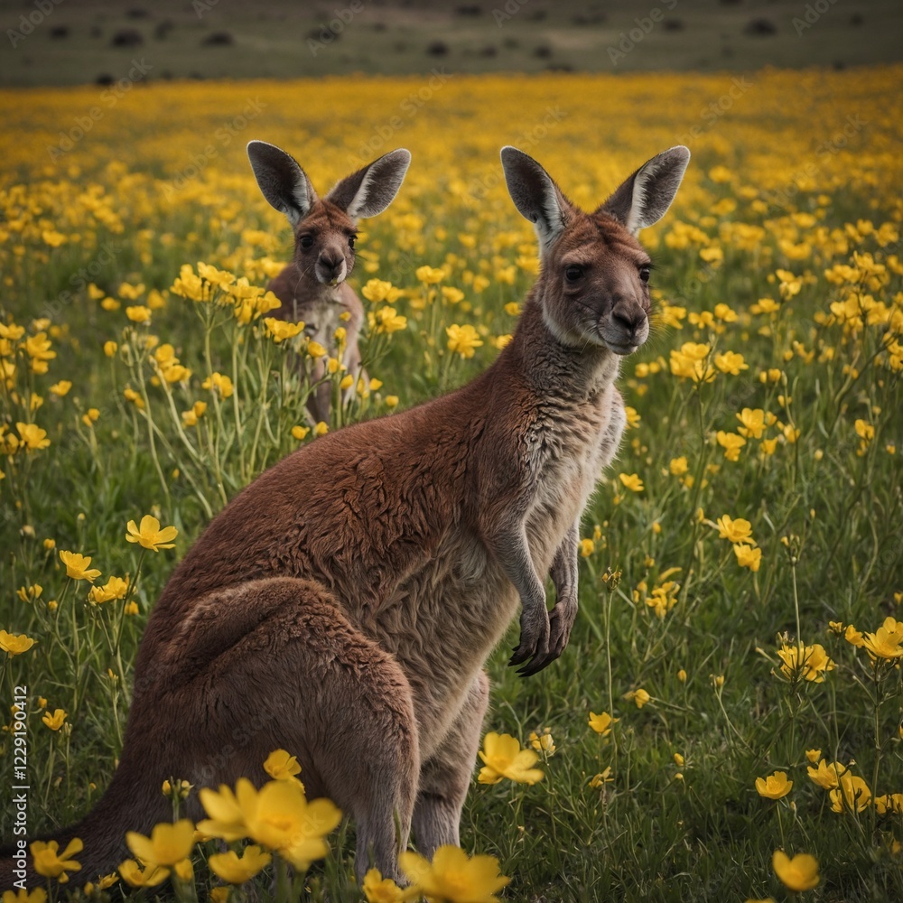 Fototapeta premium A kangaroo and her joey standing in a field of blooming buttercups.