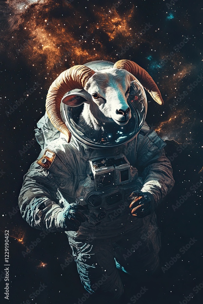 Fototapeta premium A ram in a protective spacesuit flies in space. looks through the spacesuit. many stars. in the background of the nebula. high detail. fisheye lens