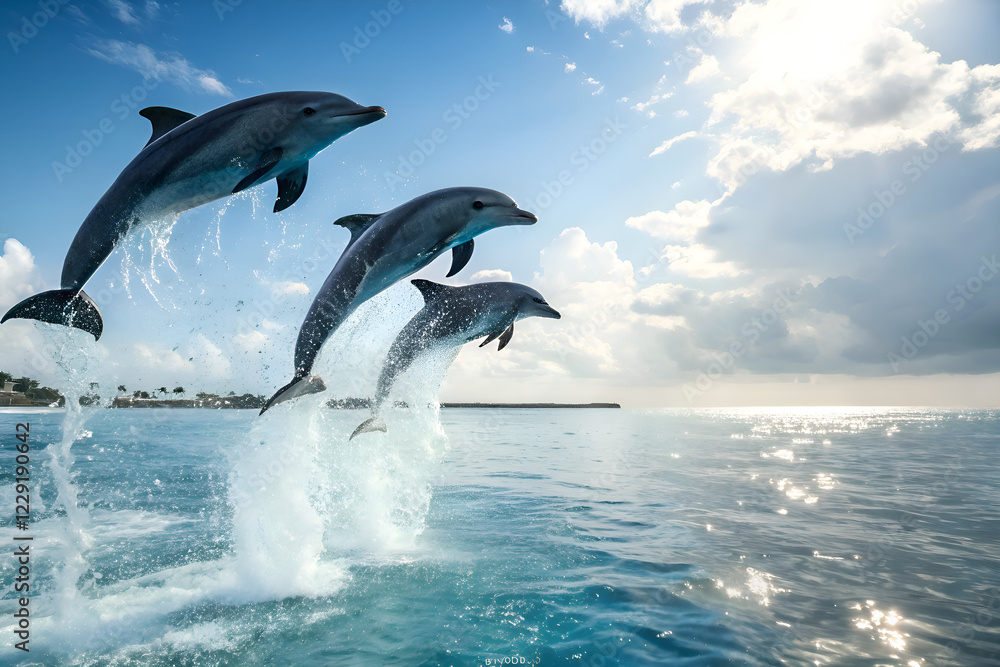 Fototapeta premium dolphin jumping into the sea. Bottle nosed Dolphin Jumping. Playful dolphins jumping over breaking waves. 