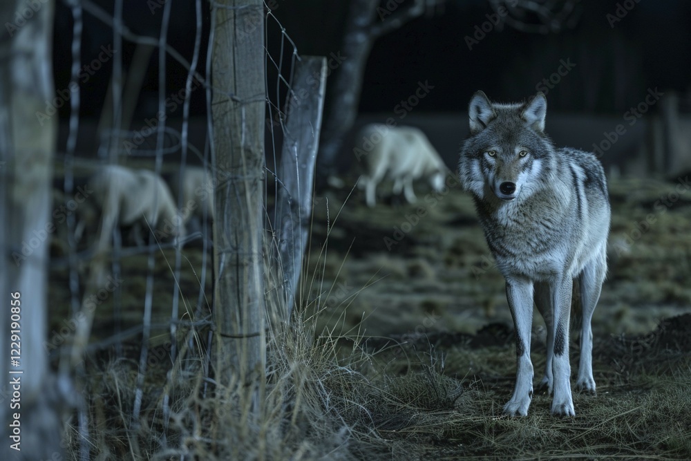 A wolf stands at a pasture fence at night and observes a grazing flock of sheep, symbolic image for herd protection, danger, killing by wolf attack, AI generated, AI generated, AI generated