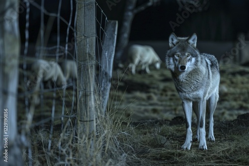 Obraz na płótnie A wolf stands at a pasture fence at night and observes a grazing flock of sheep, symbolic image for herd protection, danger, killing by wolf attack, AI generated, AI generated, AI generated w salonie