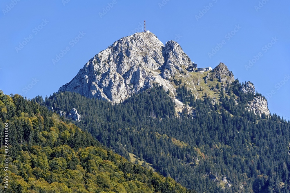 Obraz premium Wendelstein with transmitter at the top and mountain station of Wendelstein Rack Railway, Mangfall Mountains, Alpine foothills, Upper Bavaria, Bavaria, Germany, Europe