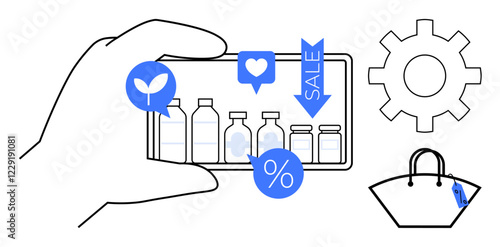 Hand holds smartphone displaying shopping app with product bottles, sale tags, social media icons. Ideal for e-commerce, mobile shopping, online sales, digital marketing, retail technology, user