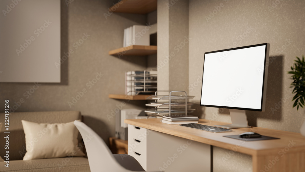 Fototapeta premium A contemporary Scandinavian office workspace featuring a computer on a wooden desk.