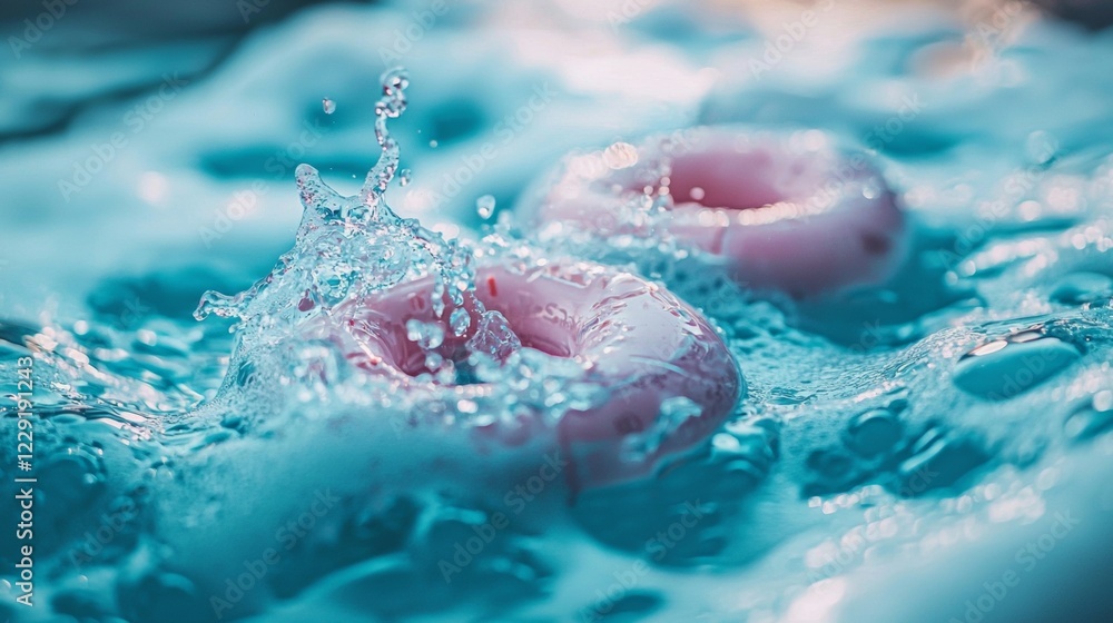 Fototapeta premium Vibrant pink macarons splashing into water