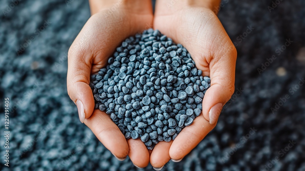 Close-up of hands holding grey biodegradable plastic pellets, symbolizing eco-friendly solutions and sustainable alternatives to traditional plastics. Close-up of hands holding grey biodegradable plastic pellets, symbolizing eco-friendly solutions and sustainable alternatives to traditional plastics.