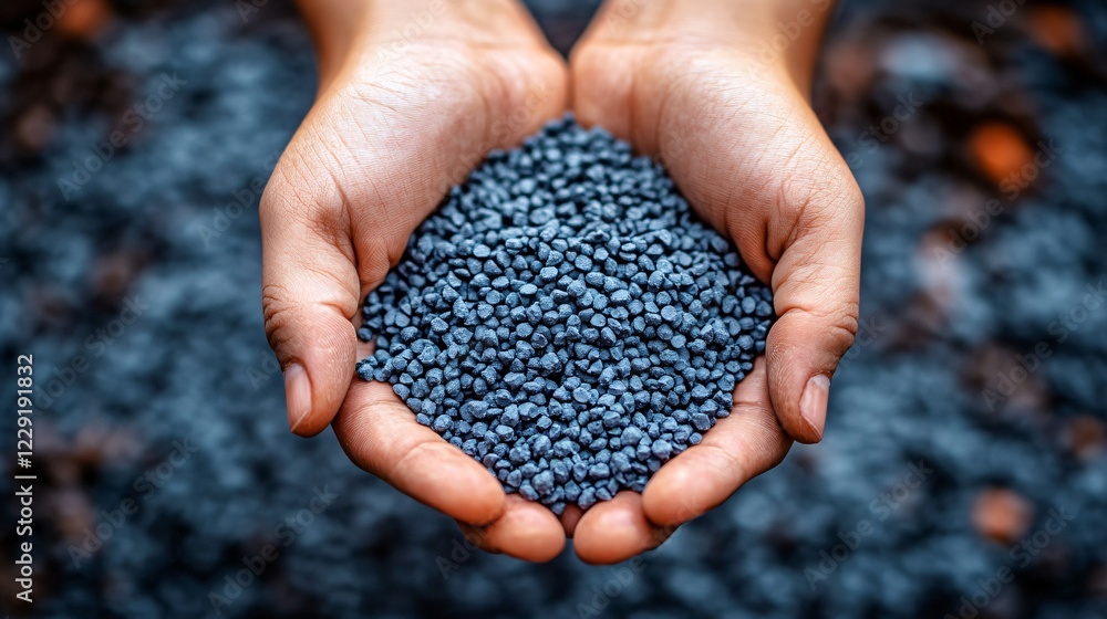 Hands gently cradling grey biodegradable plastic pellets, showcasing environmentally responsible material innovations for a greener, sustainable future. Hands gently cradling grey biodegradable plastic pellets, showcasing environmentally responsible material innovations for a greener, sustainable future.