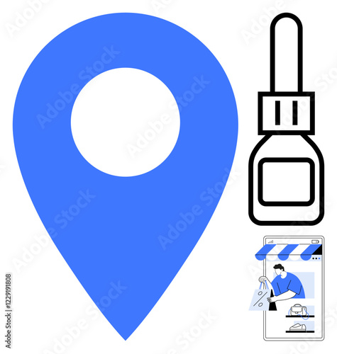 Blue location pin, black dropper bottle, and online shopping graphic with person at checkout. Ideal for navigation, healthcare, e-commerce, delivery services, digital transactions, modern retail